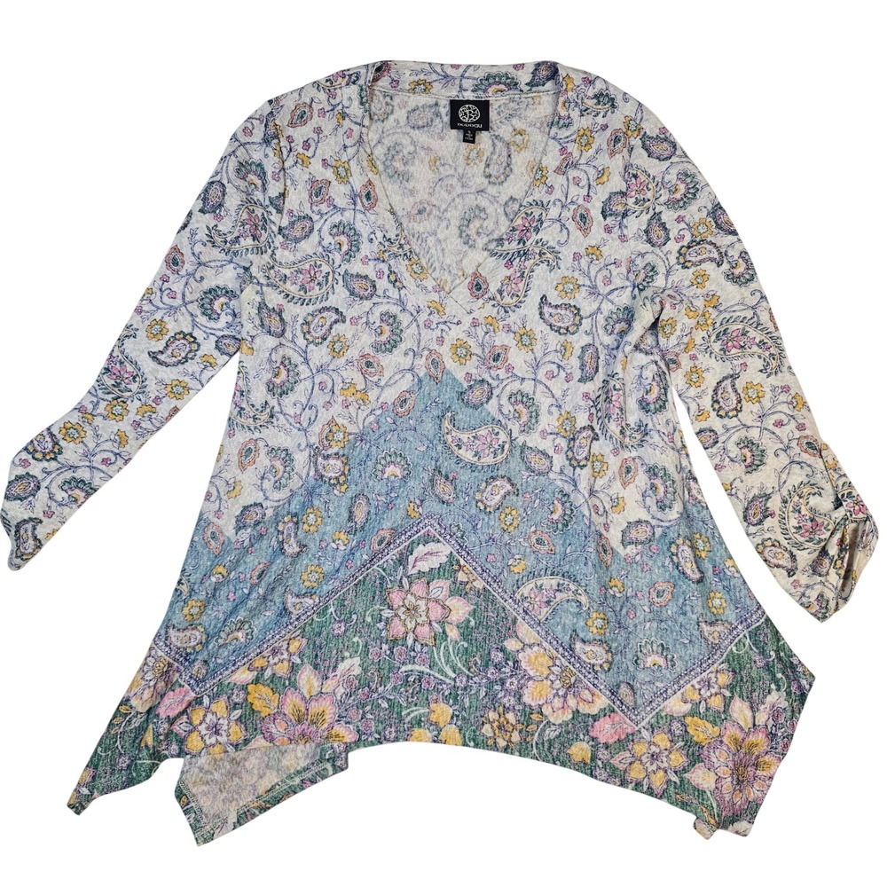 Bobeau Paisley Floral Sharkbite Hem Tunic Top Blue Green Small Long Sleeve